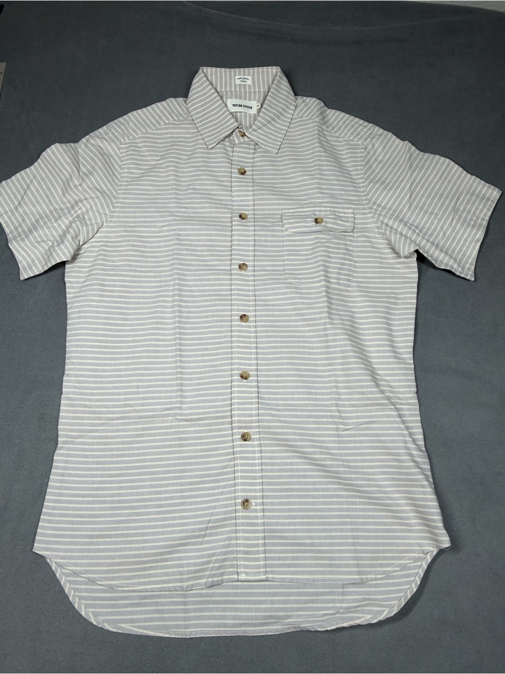 Taylor Stitch Light Medium Gray & White Short Sleeve Stripe Button-Down Shirt
